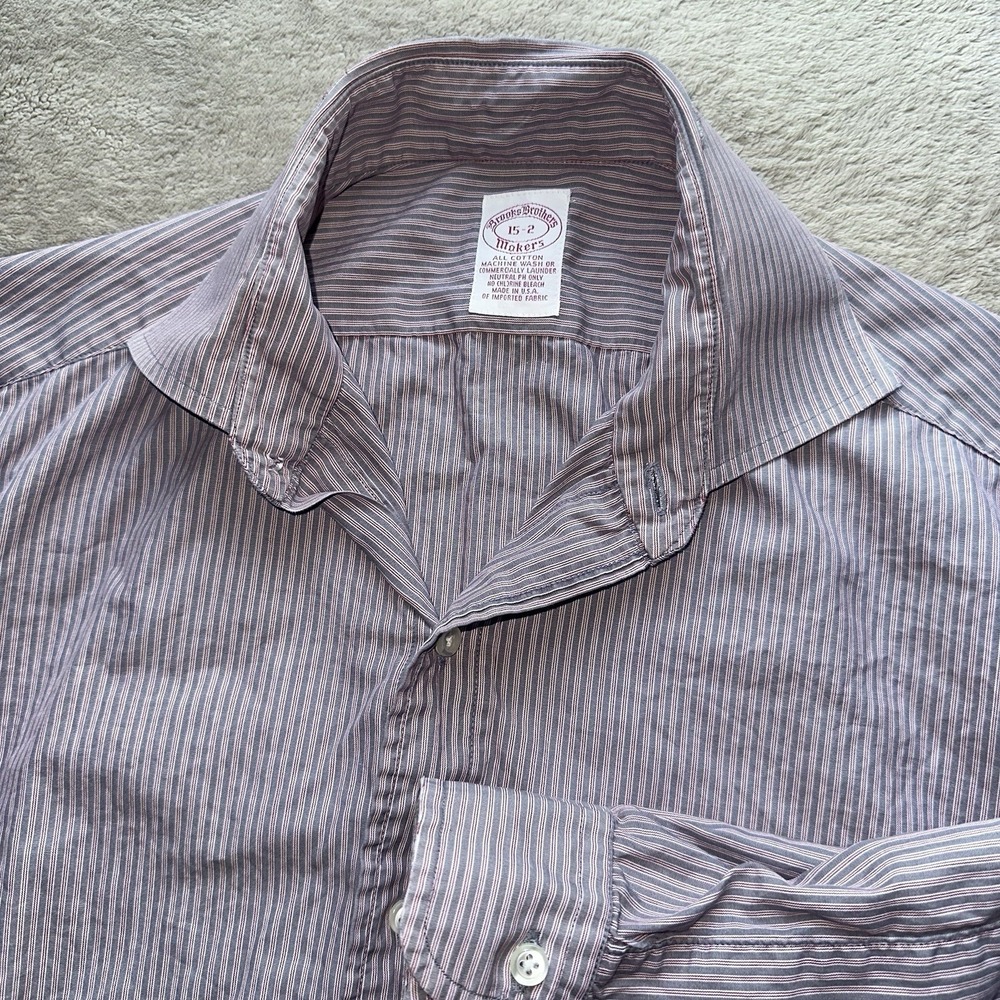 Vintage Brooks Brothers Makers Shirt Mens 15-2 Burgundy Stripe Made in USA